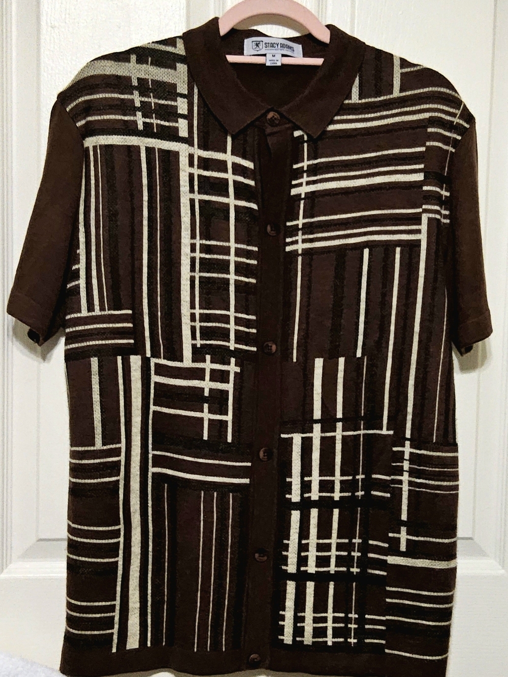 Stacy Adams Men's Knit Button-Down Polo Shirt Brown Plaid Mix Retro Geometric M